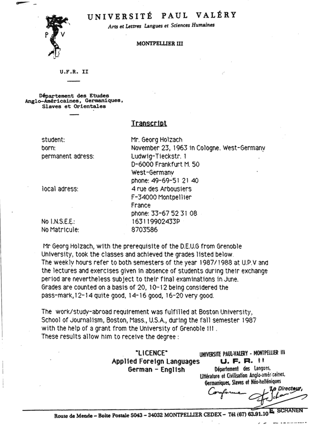 Moderator Georg Holzach Zeugnis Montpellier Moderator Georg Holzach Zeugnis Montpellier
