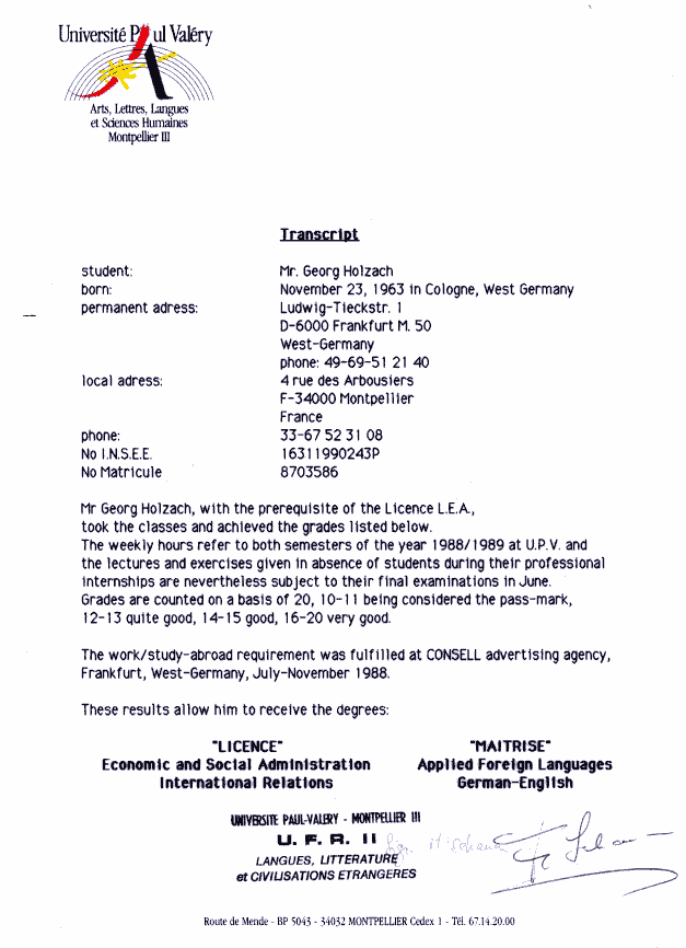 Moderator Georg Holzach Zeugnis Montpellier Moderator Georg Holzach Zeugnis Montpellier